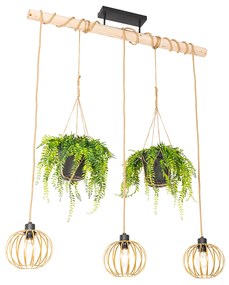 Landelijke hanglamp goud met hout 3-lichts - Yura