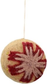 Kerstbal met rode bloem, vilt, zandkleur, Ø6 cm