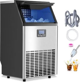 VEVOR Commerciële ijsmachine (45,36 kg/dag) IJsmachine met een opslagcapaciteit van 14,97 kg, 45 ijsblokjes in 15 minuten, LED-digitaal display, vrijstaand, zelfreinigend, voor bar, kantoor, restaurant