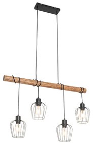 Landelijke hanglamp zwart met hout 4-lichts - Stronk