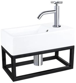 Differnz Force fonteinset - 40x22x11.5cm - Rechthoek - 1 kraangat - Gebogen chromen kraan - met zwart frame - kruisgreep - Keramiek Wit SW373151/SW494076/SW693568/SW696219/SW724040