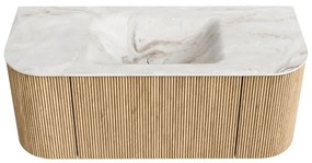 Mondiaz Kurve-dlux 110cm badmeubel ronding links/rechts oak met 1 lade en 2 deuren en wastafel cloud midden zonder kraangat frappe