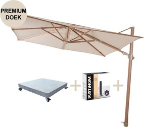 Siesta premium zweefparasol 300x300 cm houtlook sand 4 Seasons Outdoor met robuust 90KG voet en hoes