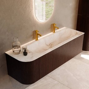 Mondiaz Kurve-dlux 145cm badmeubel ronding links ruby met 1 lade en deur en wastafel big large rechts 2 kraangaten frappe