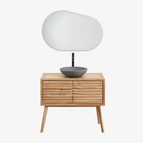 Deleyna Houten Badkamermeubelset Natuurlijk Hout & Rond Grijs Cement Ø40 Cm Tarsis & Ovaal Led En Anticondens 100x80 Cm Meunier & Zwart - Sklum