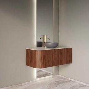 Gliss Design Alluro badmeubel ribbelfront met ronding links 100cm walnut en wit marmer toppaneel