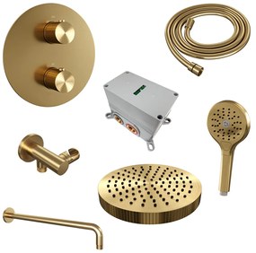 Brauer Stripe inbouw regendouche rond met 25cm hoofddouche, gebogen muurarm en 3 standen handdouche set 41 messing geborsteld PVD