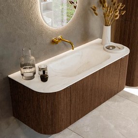 Mondiaz Kurve-dlux 120cm badmeubel ronding links/rechts walnut met 1 lade en 2 deuren en wastafel big small midden zonder kraangat ostra