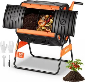 VEVOR Composttrommel 200 L, Draaiende Composteerbak voor Buiten met 2 Schuifdeuren, Ventilatiesysteem en Dubbele Compostkamers, Compostbak Gemaakt van PP &amp; Koolstofstaal voor Tuin-, Keuken- en Erfafval