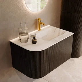 Mondiaz Kurve-dlux 75cm badmeubel ronding links shadow met 1 lade en deur en wastafel grunne kraangat rechts opalo