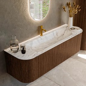 Mondiaz Kurve-dlux 150cm badmeubel ronding links/rechts walnut met 1 lade en 2 deuren en wastafel big medium midden 1 kraangat glace