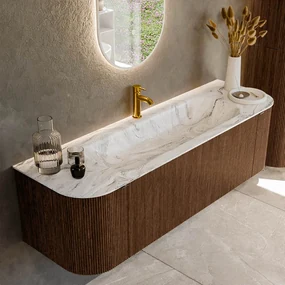 Mondiaz Kurve-dlux 150cm badmeubel ronding links/rechts walnut met 1 lade en 2 deuren en wastafel big medium midden 1 kraangat glace