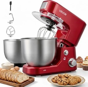 VEVOR elektrische kneedmachine 5 + 4 L 1000 W voor deeg, koekjesdeeg en crème, met 2 stapelbare SUS304 kommen, kantelbare kop, spatbescherming, antislipvoetjes en accessoireset.
