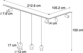 Modern railsysteem zwart met 4 spots en 3 hanglampen wit 1-fase - Iconic Bell Jeana Luxe
