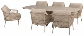 4 Seasons Outdoor Sardinia low dining set latte met Saba tafel latte met teak blad Ø 160 cm  Tuinset    beige weerbestendig