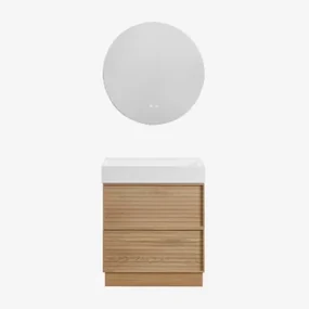 Jolene Houten Badkamermeubelset Met Geïntegreerde Wastafel Natuurlijk Hout & Round Led And Antifog Ø70 Cm Solyn & Zonder Kraan - Sklum