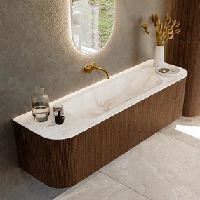 Mondiaz Kurve-dlux 160cm badmeubel ronding links/rechts walnut met 1 lade en 2 deuren en wastafel big medium midden zonder kraangat frappe