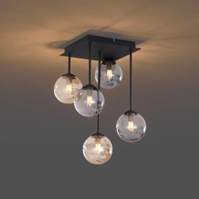 Moderne plafondlamp zwart met amber en smoke glas 5-lichts - Athens