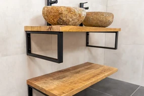 MD Interior Woodz mangohouten badkamermeubel 120cm met 2 rivierstenen waskommen