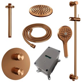 Brauer Copper Carving thermostatische inbouw regendouche met 3 standen handdouche, plafondarm, glijstang en hoofddouche 20cm set 95 koper geborsteld PVD