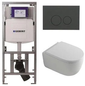 QeramiQ Dely Swirl Toiletset - 36.3x51.7cm - Geberit UP320 inbouwreservoir - 35mm zitting - bedieningsplaat mat antraciet - ronde knoppen - wit mat 0701131/SW1102376/SW1000767/SW1026257