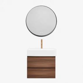 Badkamermeubelset Van Hout En Essenhoutfineer Met Geïntegreerde Wastafel Ona Donker Hout & Round Led And Antifog Zwart Ø80 Cm - Sklum