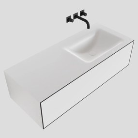 Zaro Lagom volledig naadloos solid surface onderkast 110cm mat zwart met 1 lade Push tot open. Compleet met solid surface wastafel met 0 kraangat(en)