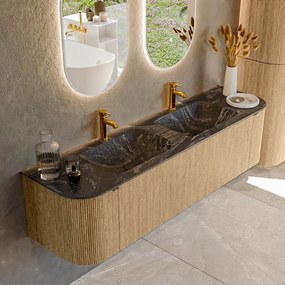 Mondiaz Kurve-dlux 170cm badmeubel ronding links/rechts oak met 1 lade en 2 deuren en wastafel leaf dubbel 2 kraangaten lava