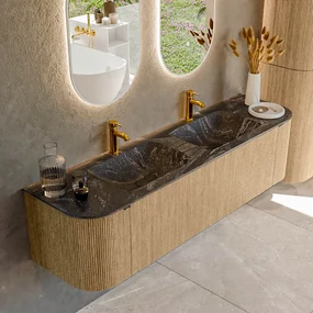 Mondiaz Kurve-dlux 170cm badmeubel ronding links/rechts oak met 1 lade en 2 deuren en wastafel leaf dubbel 2 kraangaten lava
