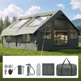 VEVOR Opblaasbare Glampingtent, Luchttent voor 5-8 personen met pomp, Groen, voor buitenactiviteiten, Waterafstotend polykatoen met dakraam, opening voor kachelpijp, gaasraam en draagtas