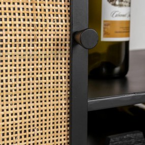 Hoge Wijnkast Zwart Met Rotan - 80x38x175cm.