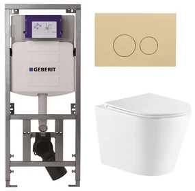 QeramiQ Dely Toiletset - 36.3x51.7cm - diepspoel - rimless - Geberit UP320 Burda inbouwreservoir - softclose toiletzitting - bedieningsplaat beige - ronde knoppen - wit glans SW543431/0701131/SW1102365