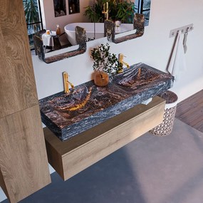 Mondiaz Alan DLux badmeubel 130cm washed oak 1 lade met wastafel lava dubbel 2 kraangaten