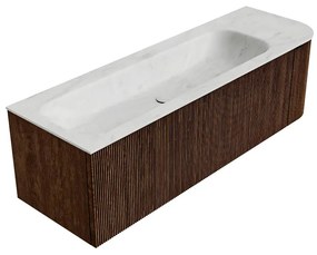 Mondiaz Kurve-dlux 145cm badmeubel ronding rechts walnut met 1 lade en deur en wastafel big large links 2 kraangaten opalo