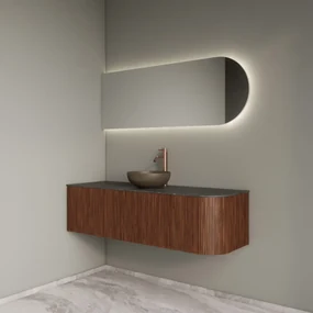 Gliss Design Alluro badmeubel ribbelfront met ronding rechts 140cm walnut en zwart leisteen toppaneel