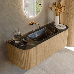 Mondiaz Kurve-dlux 130cm badmeubel ronding links/rechts oak met 1 lade en 2 deuren en wastafel big small midden zonder kraangat lava