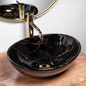 Wastafel Sofia Black Marble + kraan Lungo Gold High + universele plug gold