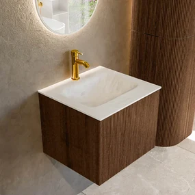 Mondiaz Kurve-dlux 50cm badmeubel walnut met 1 lade en wastafel grunne midden 1 kraangat opalo