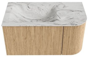 Mondiaz Kurve-dlux 85cm badmeubel ronding rechts oak met 1 lade en deur en wastafel cloud links zonder kraangat glace