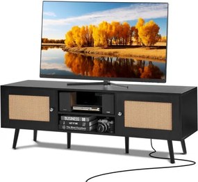 VEVOR Rotan TV-standaard voor 165 cm TV, Boho TV-standaard met rotan deur, TV-meubel met ingebouwde stopcontact en USB-poorten, Moderne TV-console voor Woonkamer, Mediaruimte, Zwart