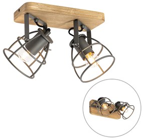 Industriële Spot / Opbouwspot / Plafondspot hout met zwart verstelbaar 2-lichts - Arthur Industriele / Industrie / Industrial E27 Binnenverlichting Lamp