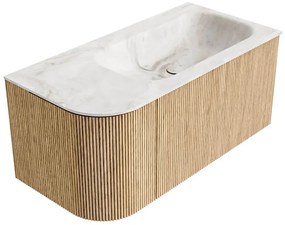 Mondiaz Kurve-dlux 95cm badmeubel ronding links oak met 1 lade en deur en wastafel big small rechts zonder kraangat frappe