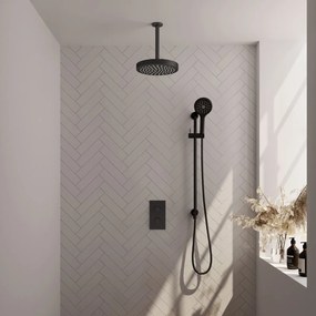 Brauer Stripe inbouw regendouche met 25cm hoofddouche, met plafondarm, glijstang en 3 standen handdouche set 24 zwart mat