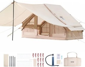 VEVOR Opblaasbare kampeertent 3x2x2 m, 3-5 personen, 300D Oxford 4-seizoenen glampingtent met luifel, handpomp, kachelaansluiting, 2 deuren en 2 gaasramen (opbergtas inbegrepen)