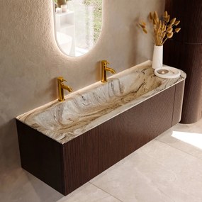 Mondiaz Kurve-dlux 145cm badmeubel ronding rechts ruby met 1 lade en deur en wastafel big large links 2 kraangaten glace