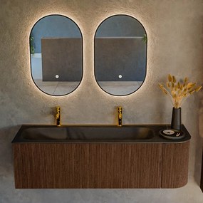 Mondiaz Kurve 145cm badmeubel ronding rechts walnut met 1 lade en deur en wastafel big large links 2 kraangaten urban