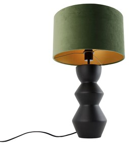 Design tafellamp zwart 16 cm velours kap groen met goud 35 cm - Alisia Design E27 rond Binnenverlichting Lamp