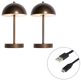 LED Set van 2 buiten tafellamp met dimmeren mushroom donkerbrons oplaadbaar - Keira Modern IP44 Buitenverlichting rond Lamp