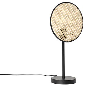 Landelijke tafellamp zwart met rotan 25 cm - KataOosters, Landelijk E27 rond Binnenverlichting Lamp