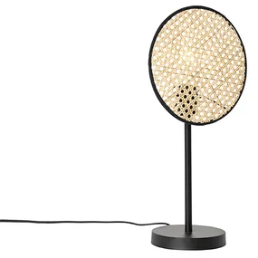 Landelijke tafellamp zwart met rotan 25 cm - KataOosters, Landelijk E27 rond Binnenverlichting Lamp